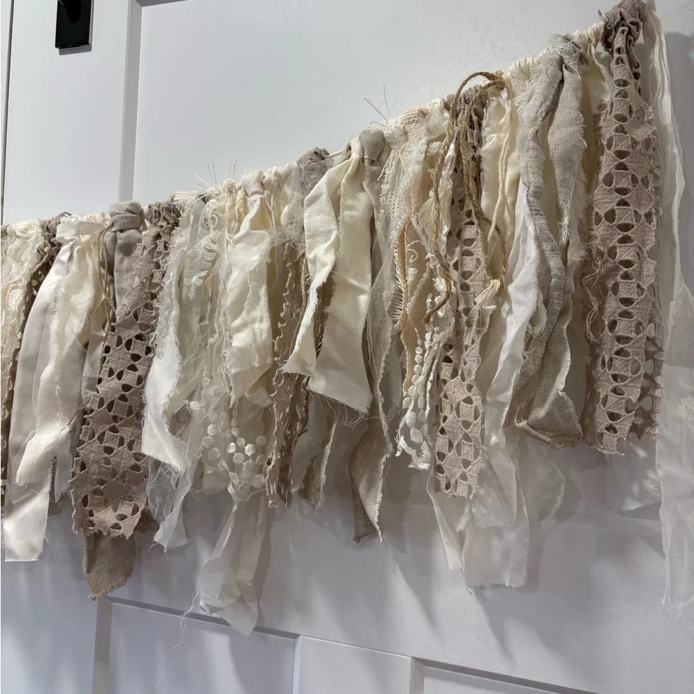 Neutral & Ivory White Fabric & Lace Garland Banner - Home Holiday Event Decor
